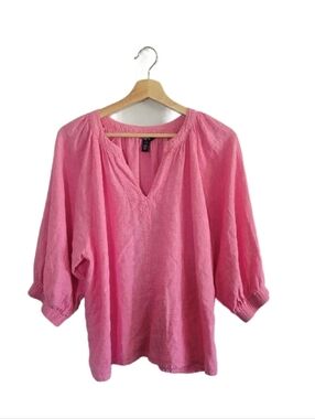 CHAPS Pink V-Neck Relaxed Peasant Blouse Size L Spring/Summer Linen Blend